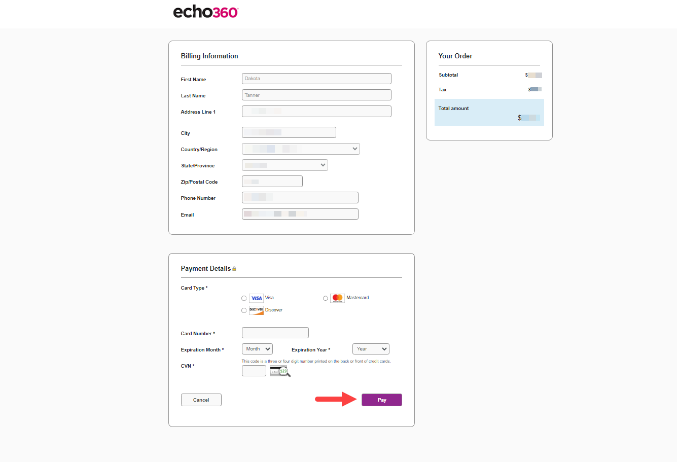 Payment Details window with required fields and Pay button identified as described