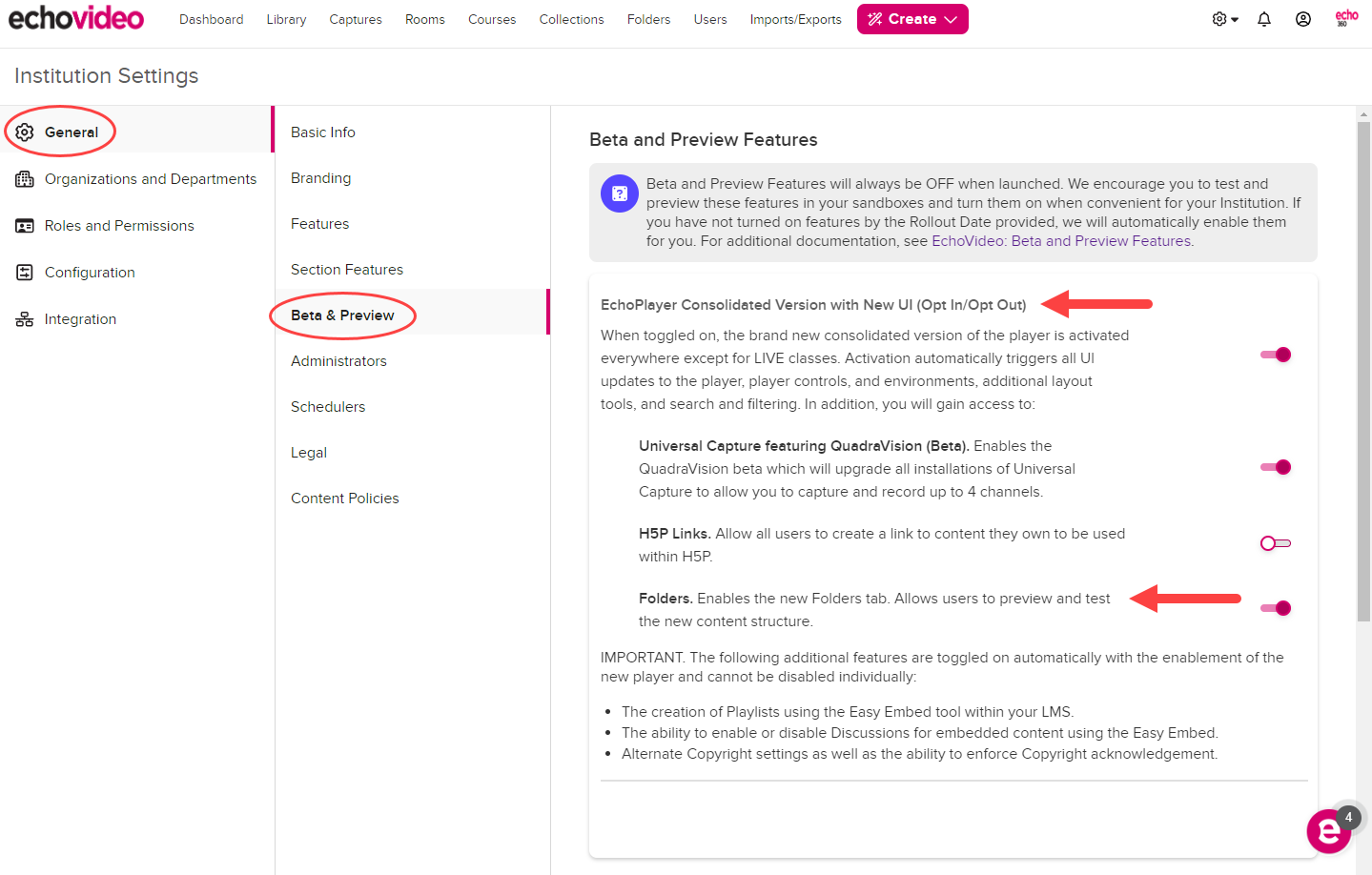 Institution Settings open to General, Beta and Preview Features, with the Folders toggle disabled as shown by the steps described