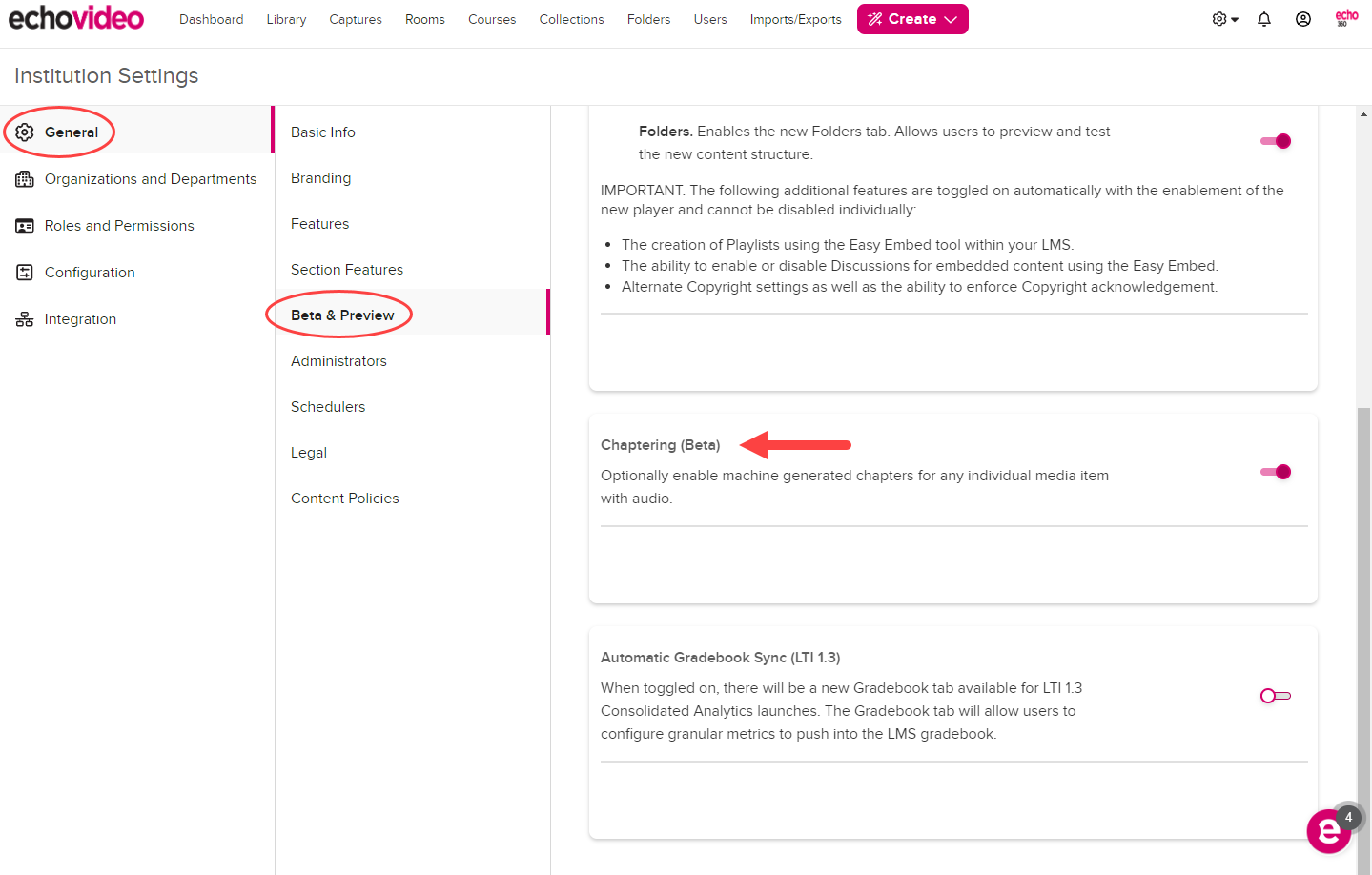 Institution Settings open to General and Beta and Preview Features with the Chaptering toggle identified as described