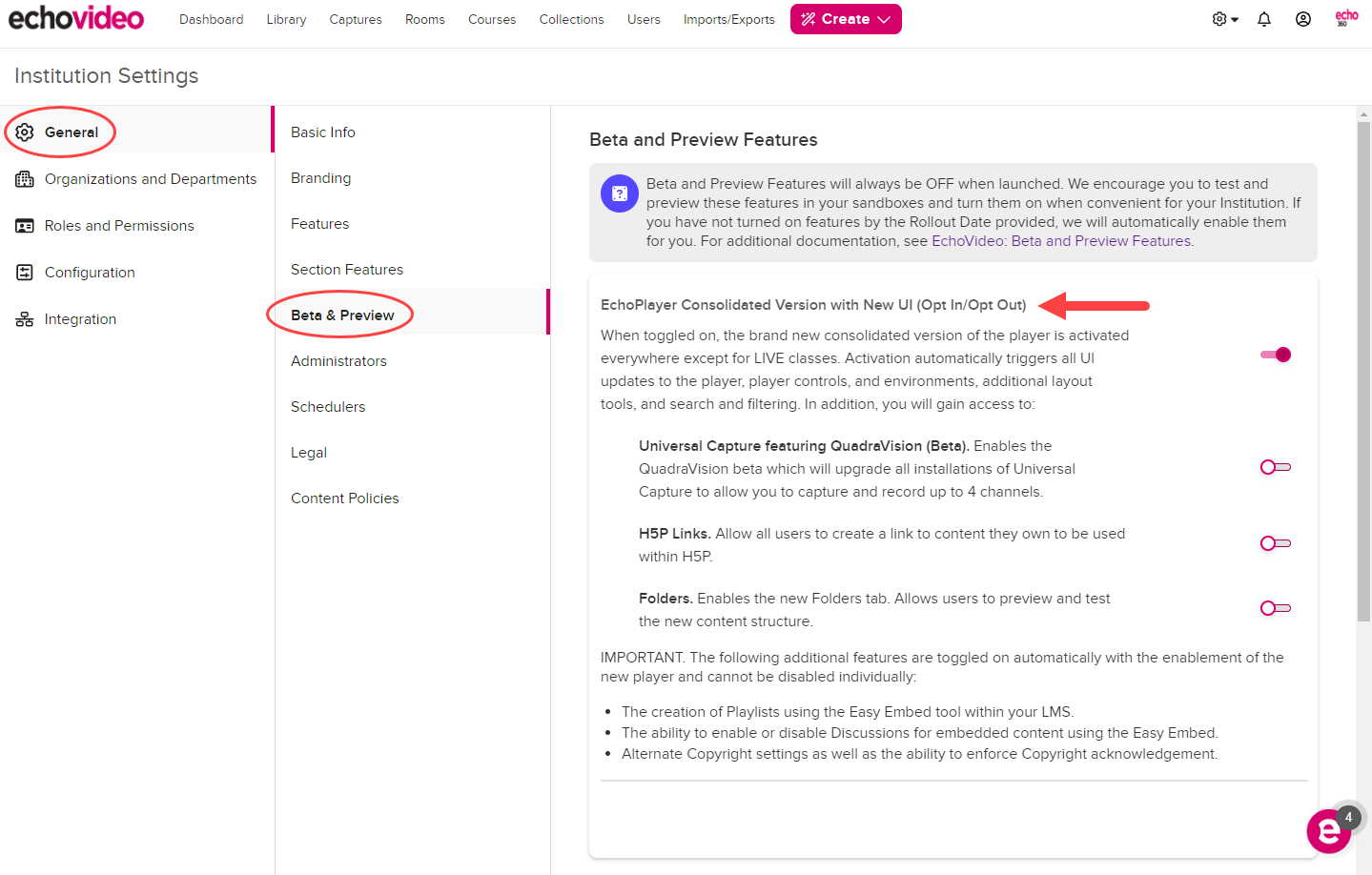 Institution Settings open to General, Beta and Preview Features, with the New Player toggle identified as described