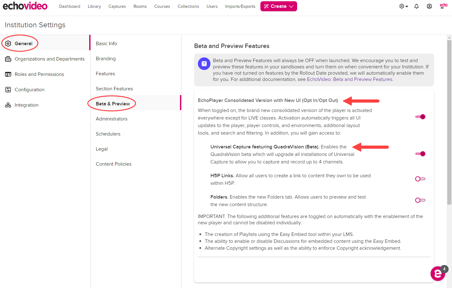 Institution Settings open to General, Beta and Preview Features, with the QuadraVision toggle disabled as shown by the steps described