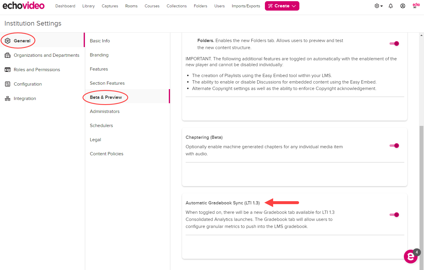 Institution Settings open to General and Beta and Preview Features with the Automatic Gradebook Sync (LTI 1.3) toggle identified as described