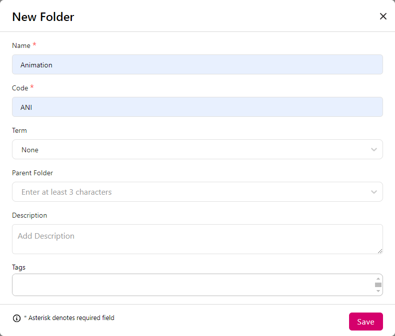 New Folder Modal with name and code populated and other fields displayed as described