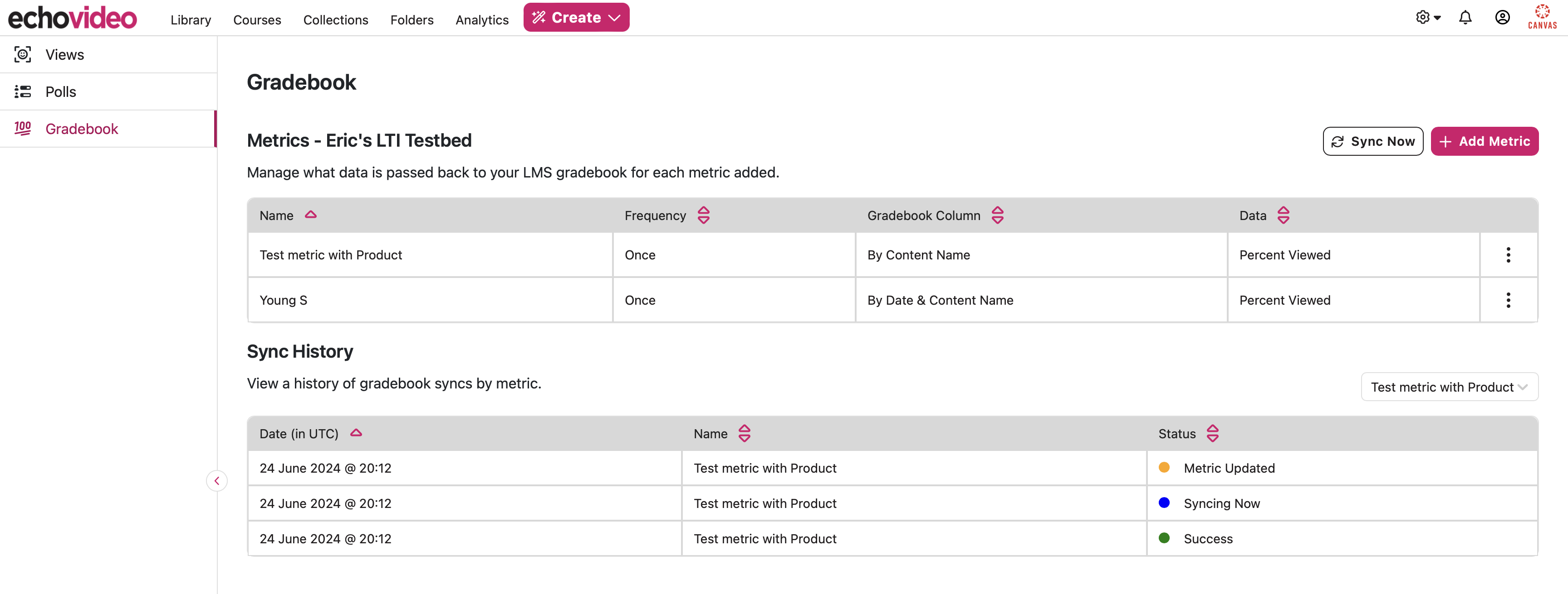 Gradebook tab on the Consolidated Analytics pages for the associated LMS Course with a LTI 1.3 integration