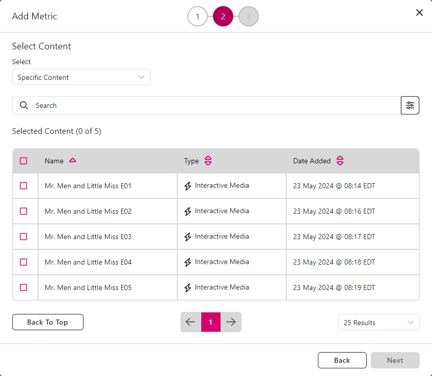 Specific Content available to select shown as described