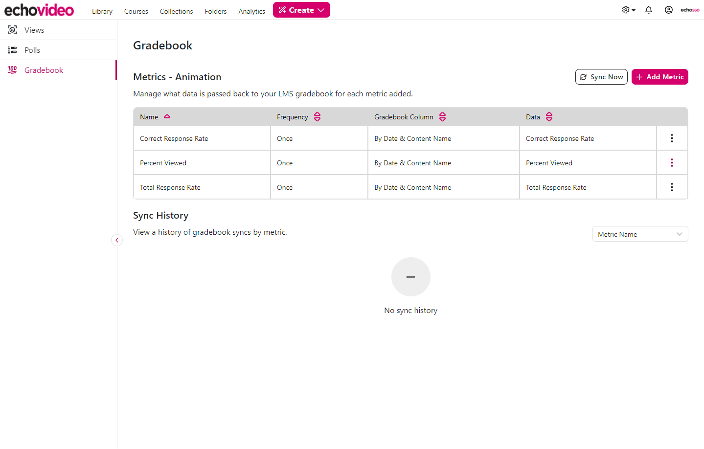 Gradebook shown with created metrics displayed as described