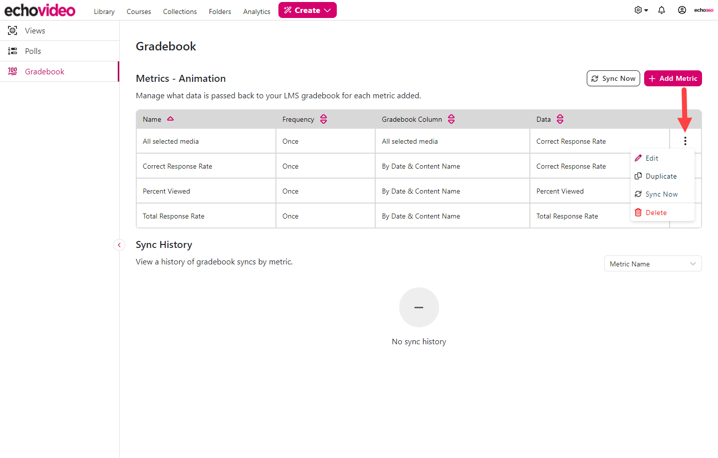 Metric Action Menu expanded to show additional functions identified as described