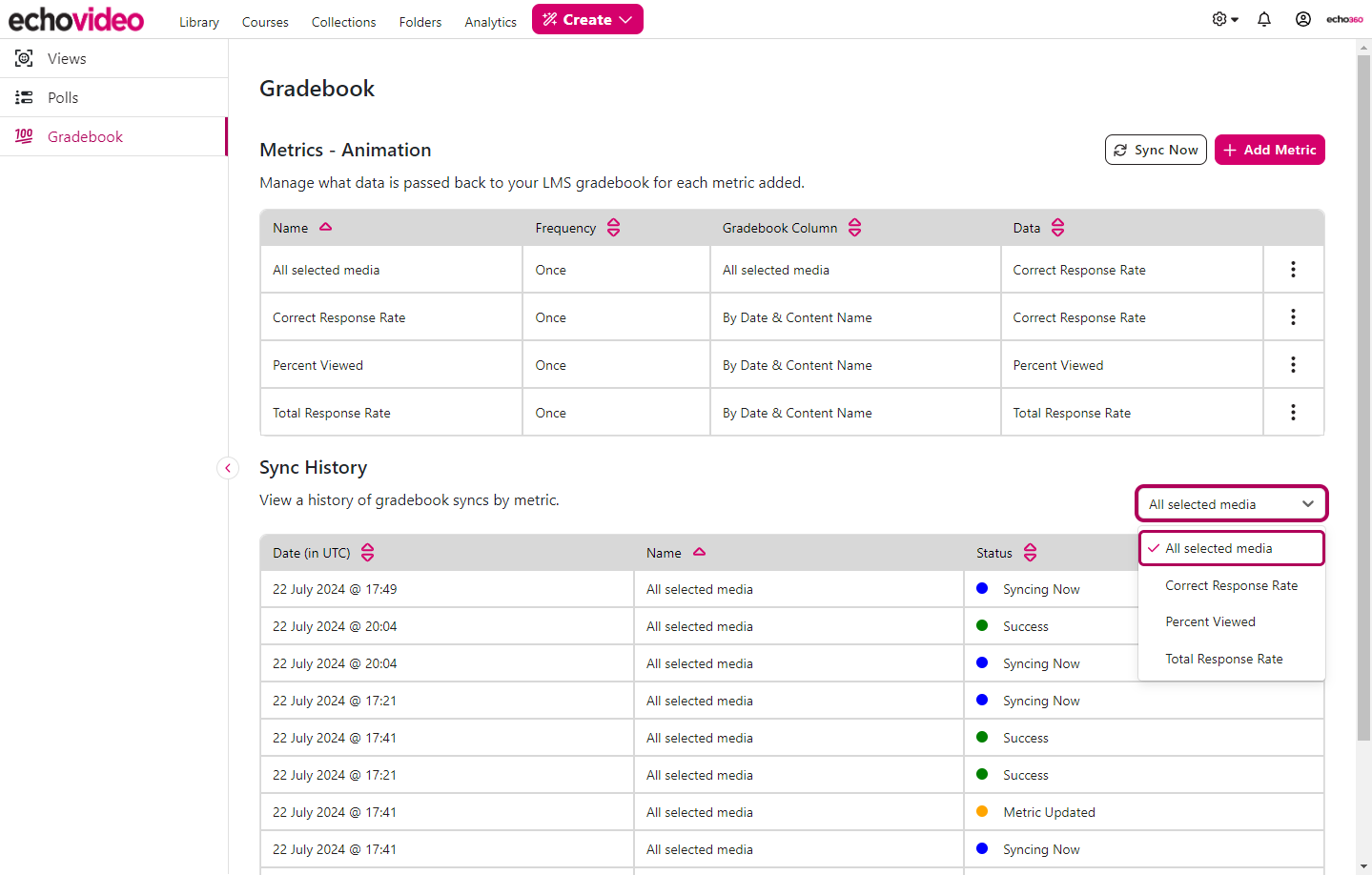 Metrics Sync History identified as described