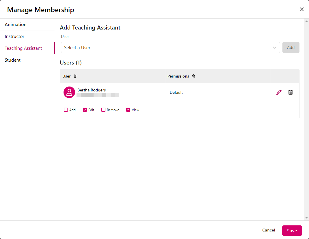 Manage Membership Modal with a selected user's permissions displayed