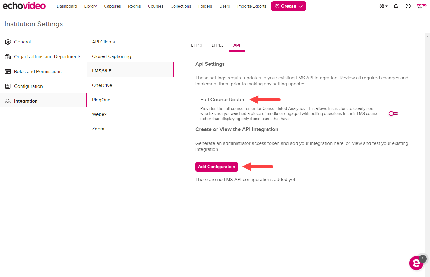 EchoVideo LMS configurations page with navigation to page and API tab shown as described