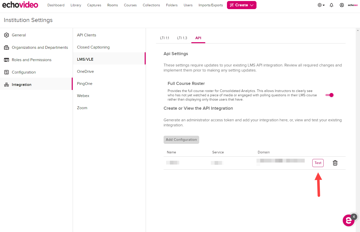 LMS Configuration page with API tab shown and Test button for newly added Moodle configuration identified as described