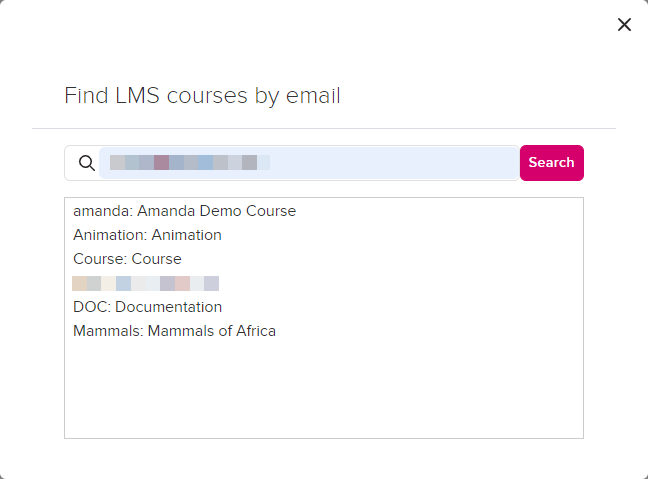 Test configuration dialog box with moodle email address entered and course list search results showing successful integration as described