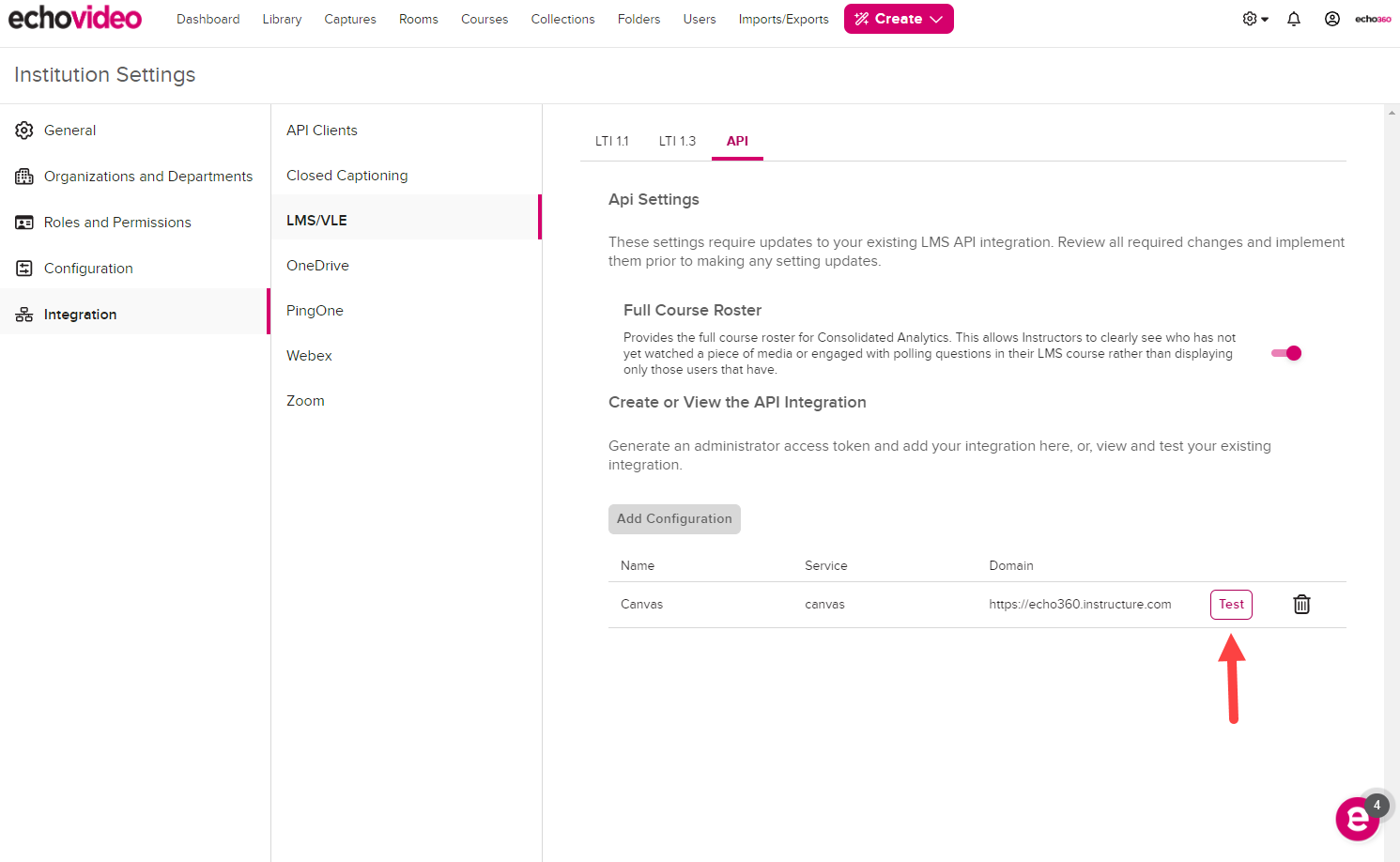 LMS API page in EchoVideo with new API configuration showing including Test button for steps as described