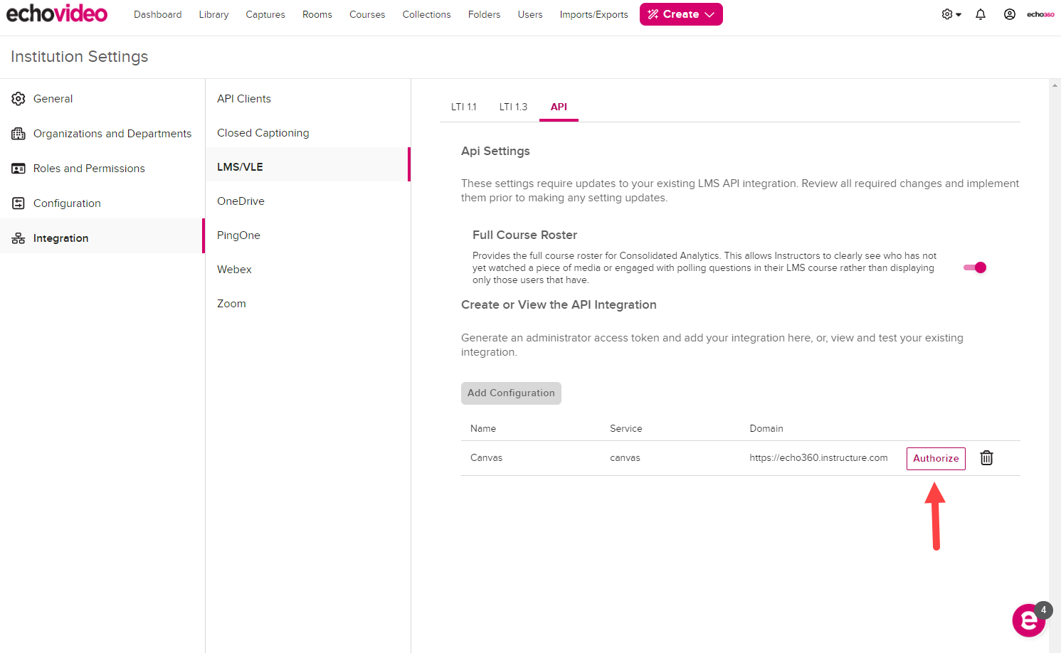 LMS API page in EchoVideo with new API configuration showing including Authorize button for steps as described