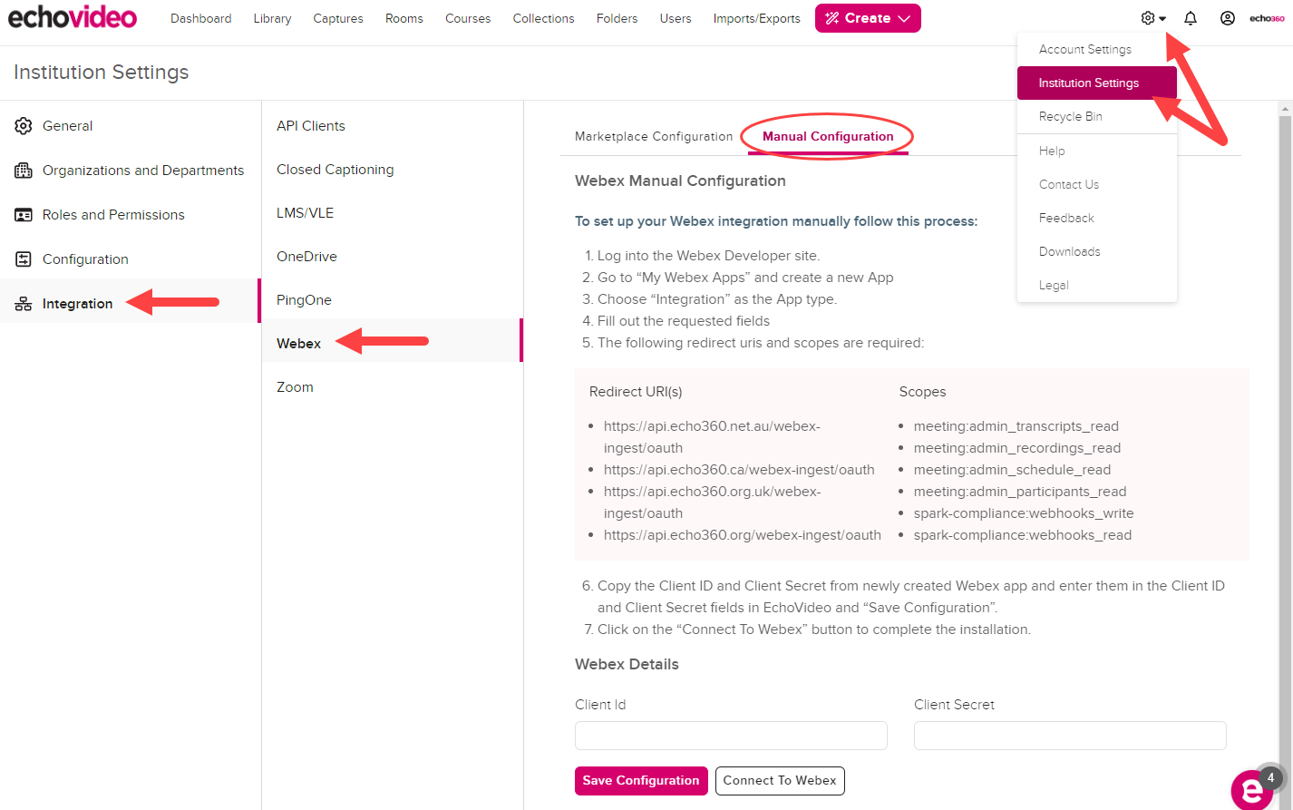 Navigating to Settings, Institutional Settings, Integration, Webex, Manual Configuration identified as described