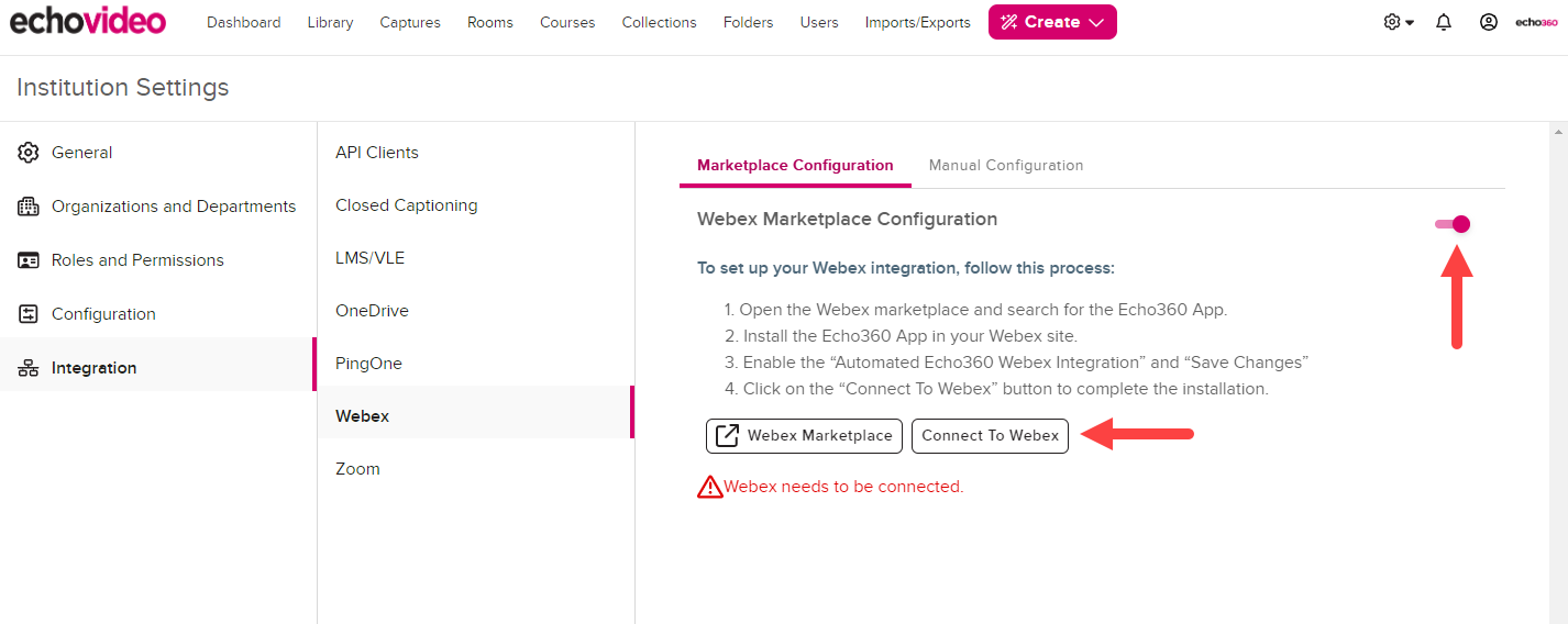 Webex Marketplace Configuration toggle enabled and Connect to Webex button identified as described