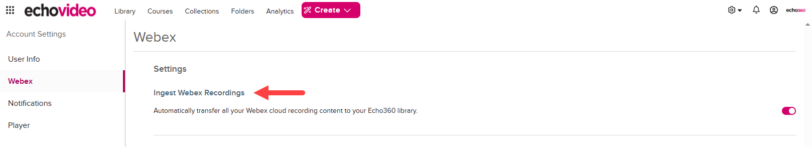 Automatically copy Webex recordings to EchoVideo toggle disabled by default as described