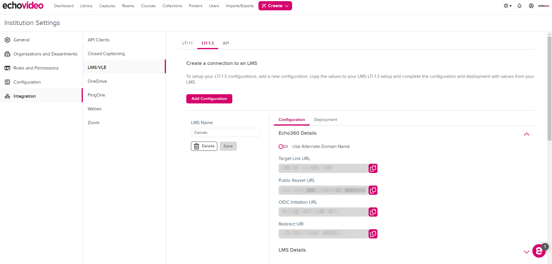 EchoVideo Details with Target Link URL, Public Keyset URL, OIDC Initiation URL, and Redirect URI populated