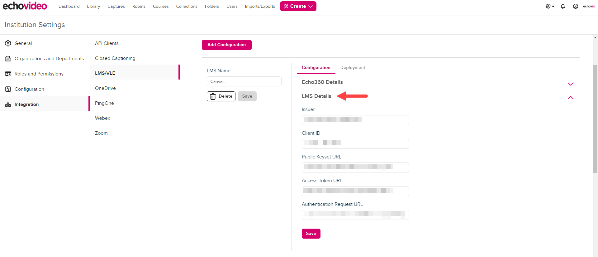 EchoVideo LMS Configuration Details Expanded as described