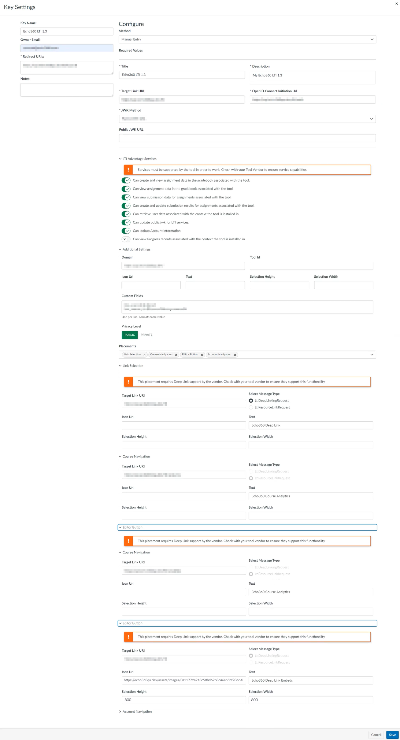 Create Canvas LTI 1.3 Configuration information as described