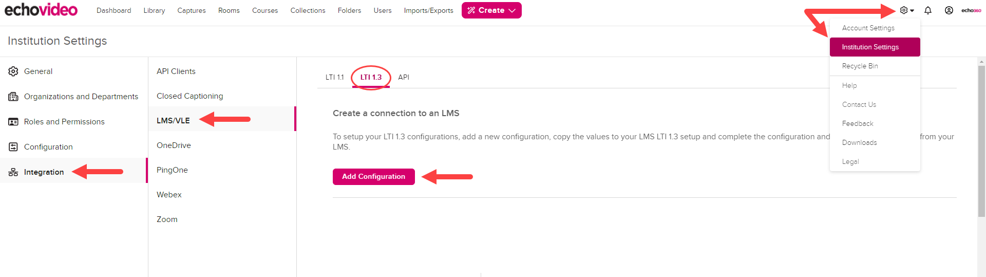 Steps to navigate to LTI 1.3 configuration identified