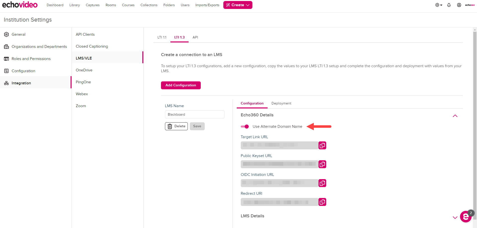 Configuration details in EchoVideo with Use Alternate Domain Name toggle enabled and identified as described