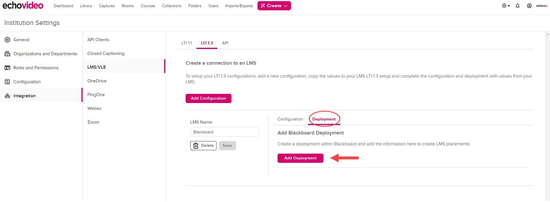 LTI 1.3 Deployment tab with Add Deployment button identified as described