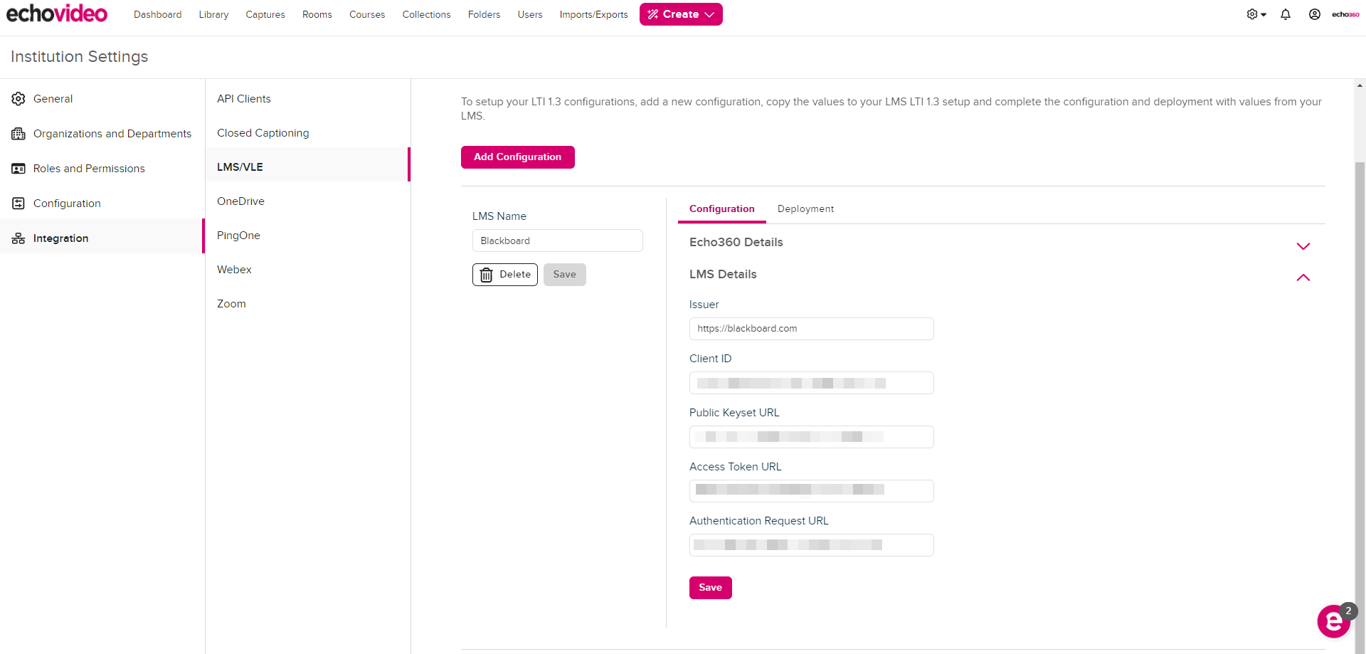 LMS details in EchoVideo with LMS details populated and identified as described