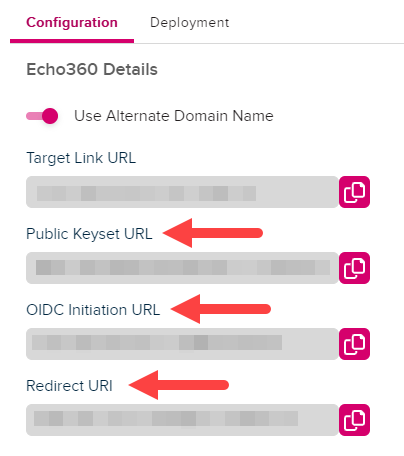 Configuration details in EchoVideo with OIDC Initiation URL, Public Keyset URL, and Redirect URI identified as described