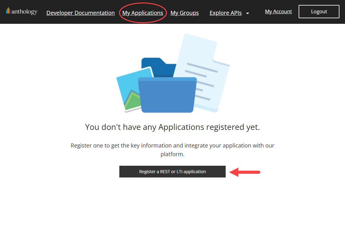 My Applications page and Register a REST or LTI application button identified as described