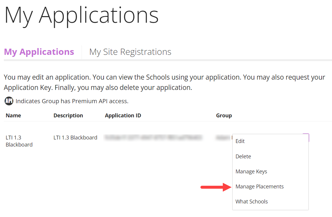 My Applications in Blackboard with Manage Placements from Group dropdown identified as described