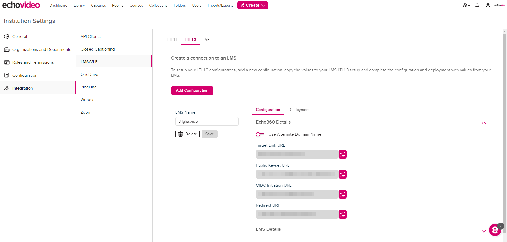 EchoVideo Details with Target Link URL, Public Keyset URL, OIDC Initiation URL, and Redirect URI populated