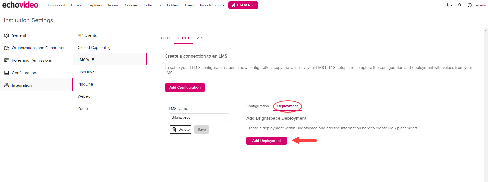 EchoVideo LMS Deployment with Add Configuration button as described