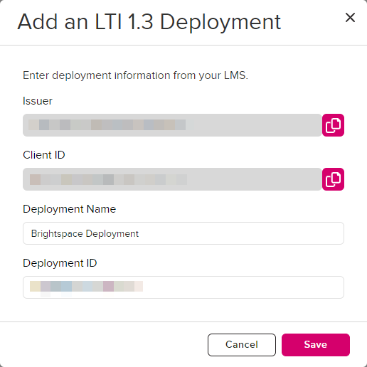 LTI Configuration with Deployment Name and Deployment ID populated as described