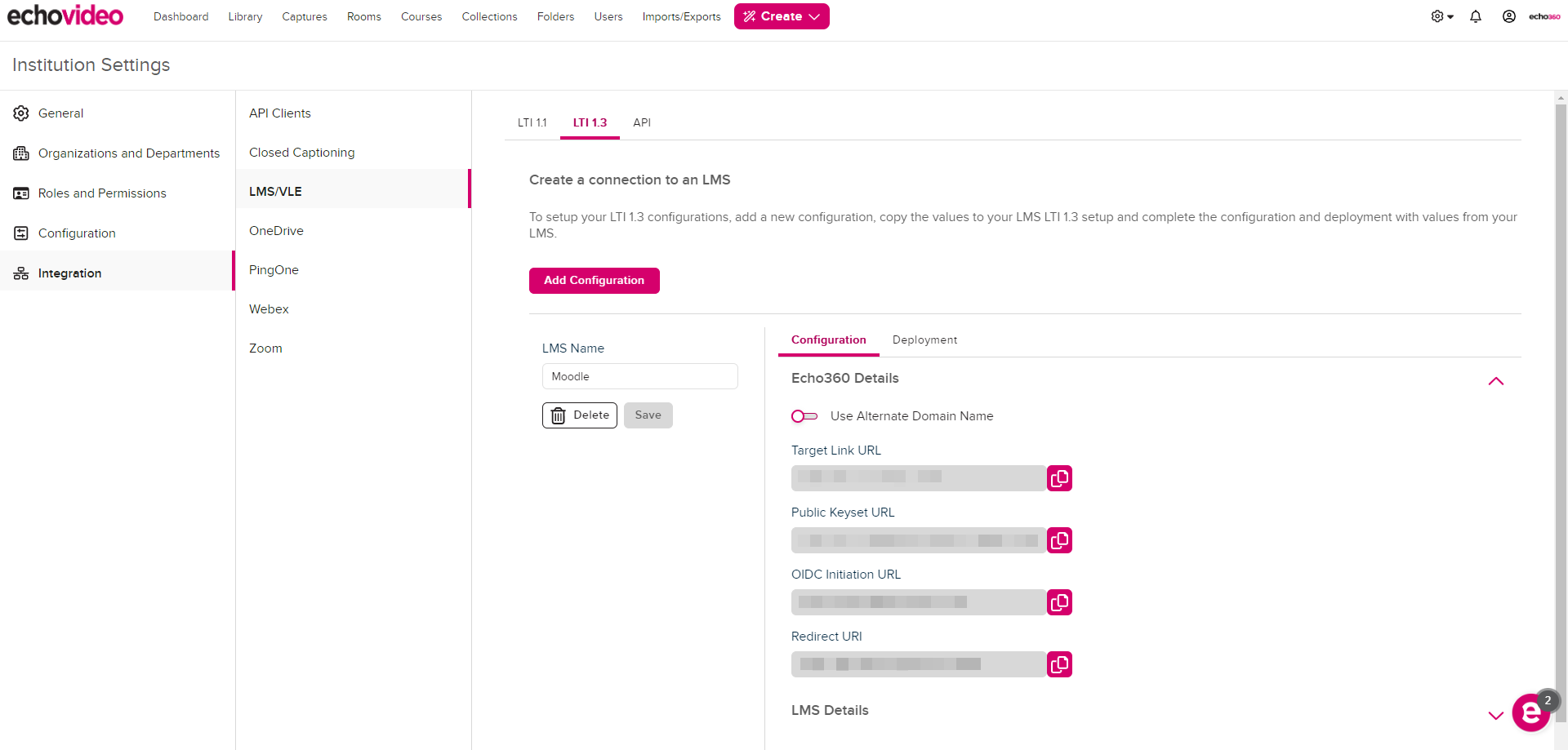 EchoVideo Details with Target Link URL, Public Keyset URL, OIDC Initiation URL, and Redirect URI populated