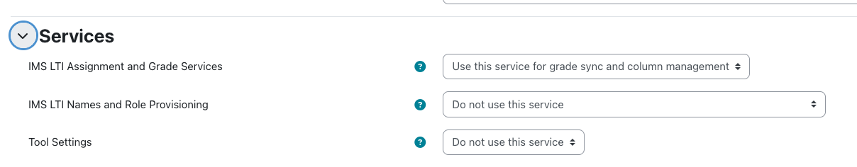 Services section with IMS LTI Assignment and Grade Services set to Use this service for grade sync and column management as described