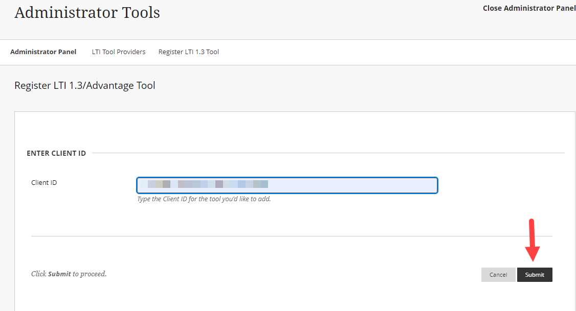 Administrator Tools in Blackboard with Client ID and Submit button identified as described