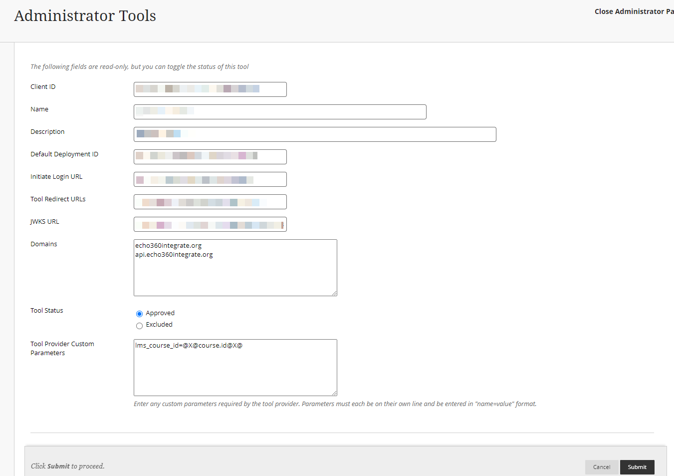 Blackboard Admin Tools screen with Tool Provider Custom Parameters set as described