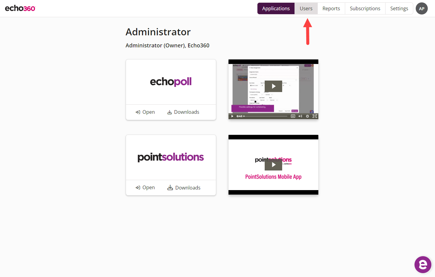 The EchoPoll administrator menu with Users identified as described