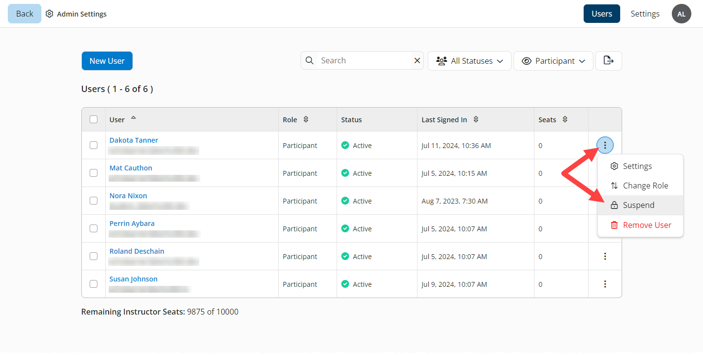 EchoExam Admin screen with Suspend option identified as described