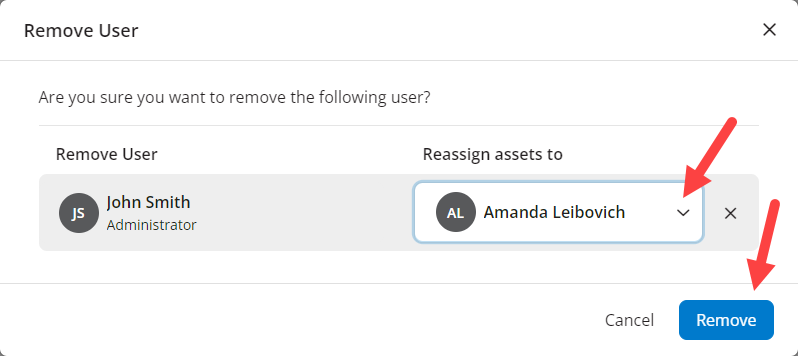 Remove User modal with reassign dropdown identified as described