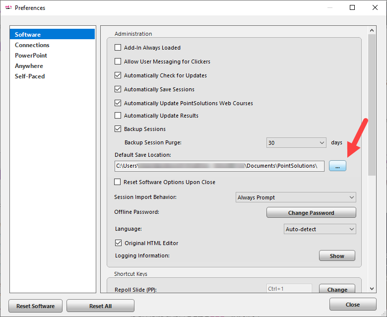 PointSolutions Desktop Preferences modal open with Software selected and horizontal actions dots identified as described