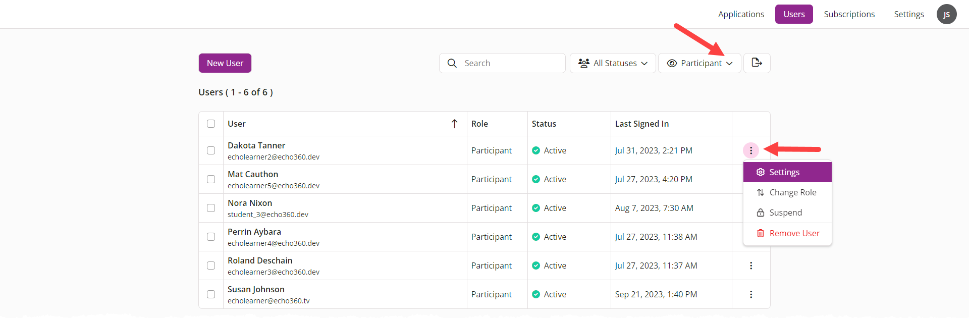 Manage Users filtered by participant with the 3 dots to the right of the user selected and Settings identified as described