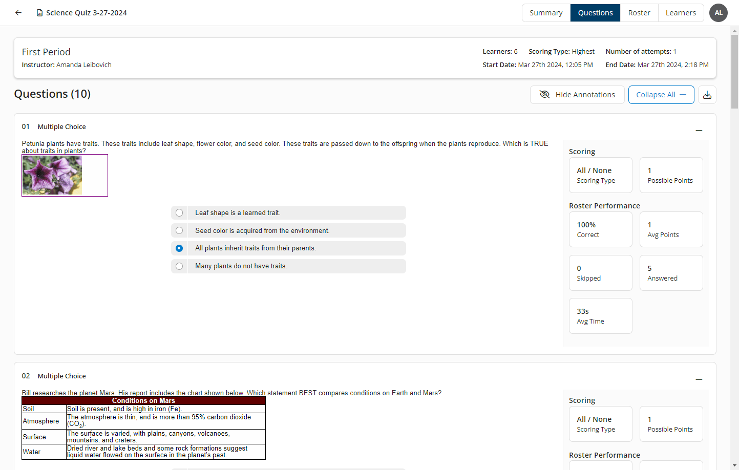 The Questions tab of the Instructor Exam Summary report showing expanded questions