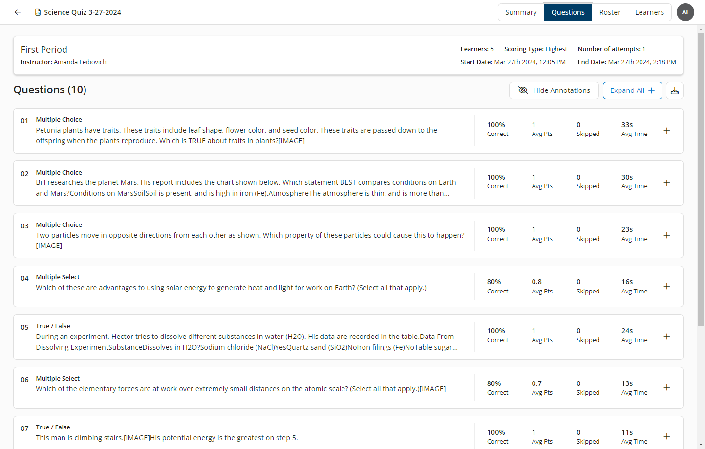 The Questions tab of the Instructor Exam Summary report showing collasped questions