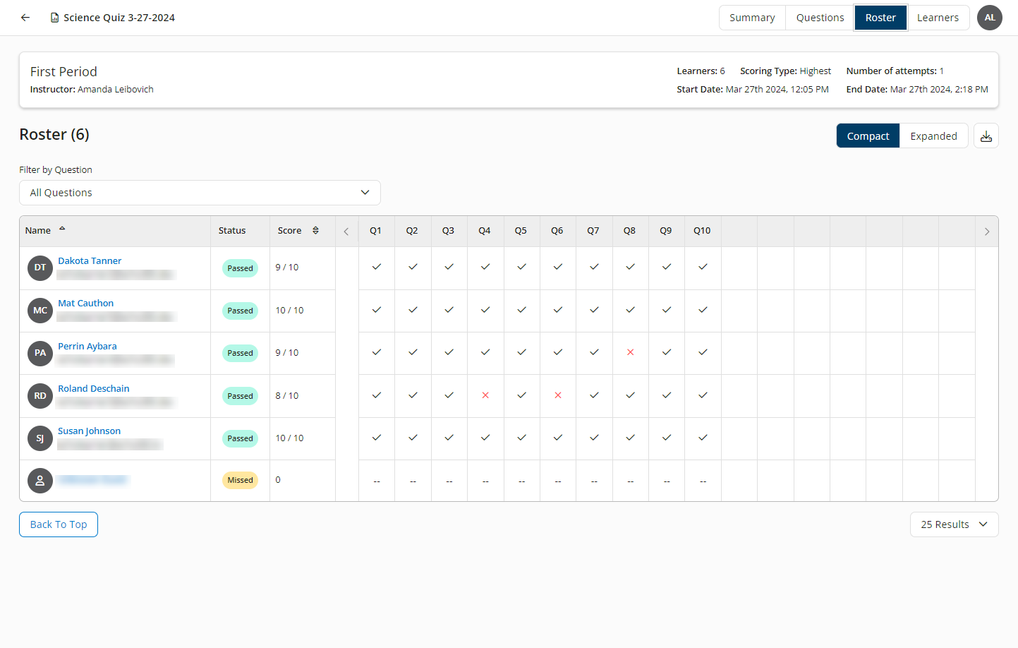 The Roster tab of the Instructor Exam Summary report