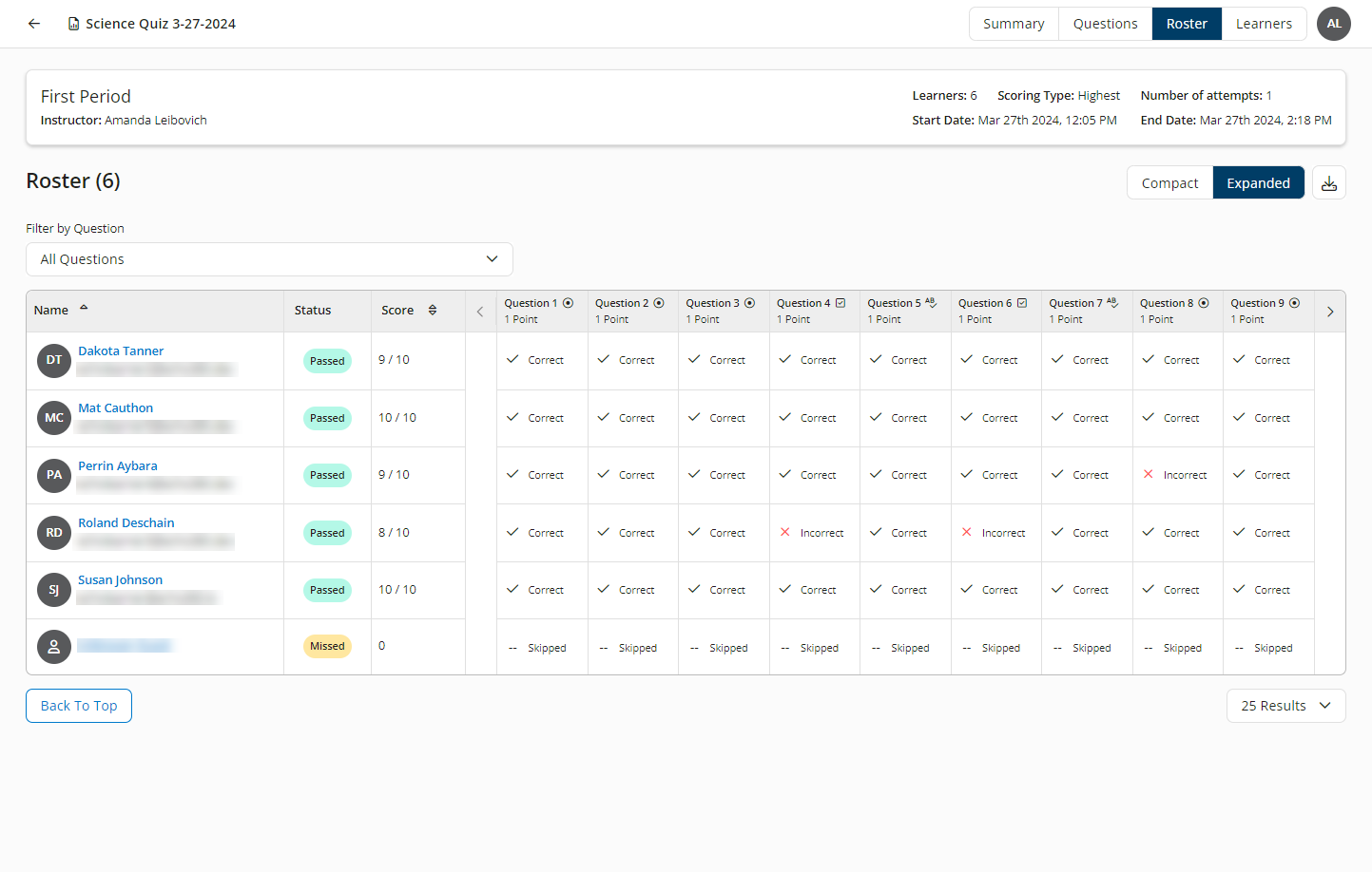 The Roster tab of the Instructor Exam Summary report showing an expanded question view of the Roster table