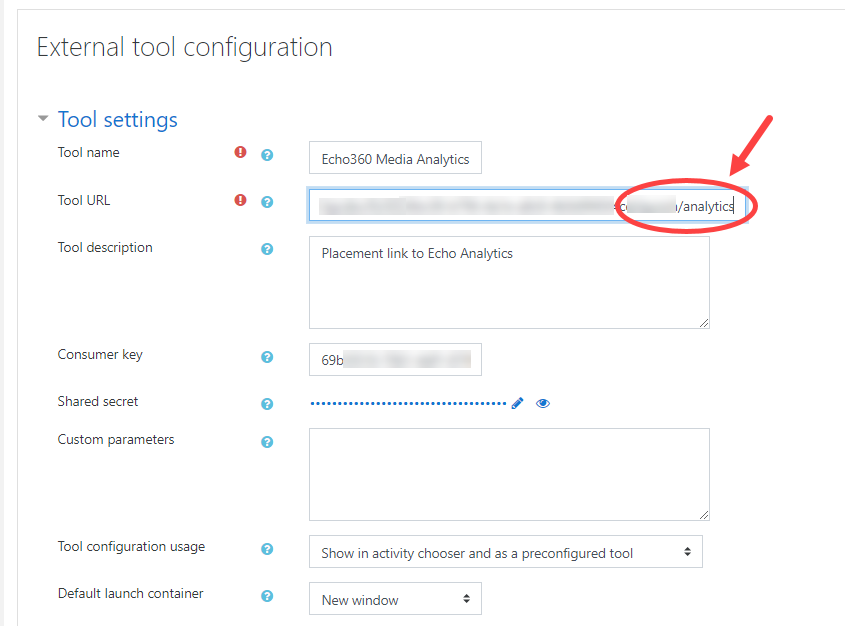 Moodle External Tool Configuration with /analytics appended to the URL