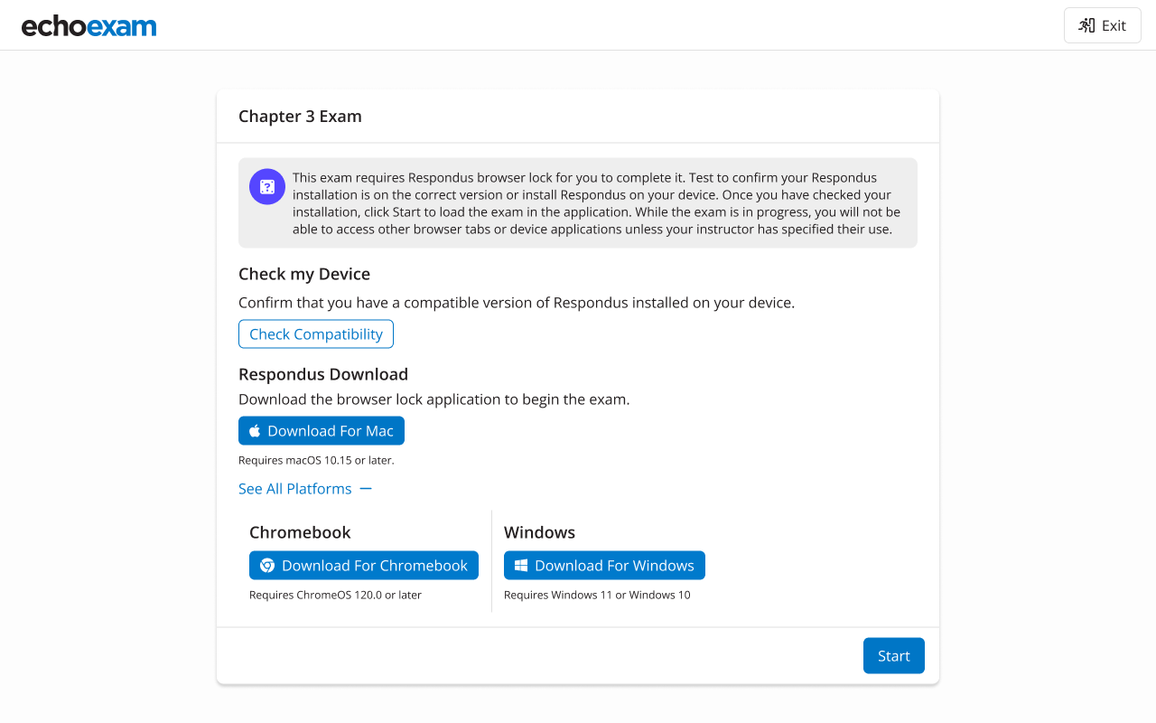 Browser lock from Respondus showing Mac, Windows, and Chromebook download options