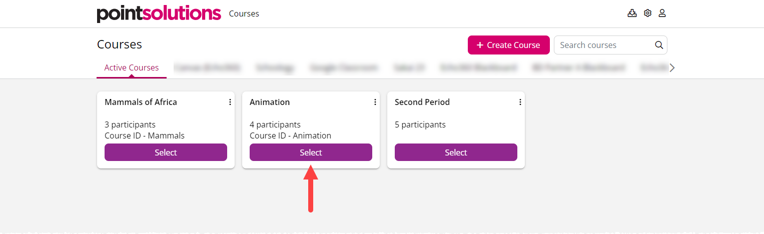 Active Courses with Select button identified as described